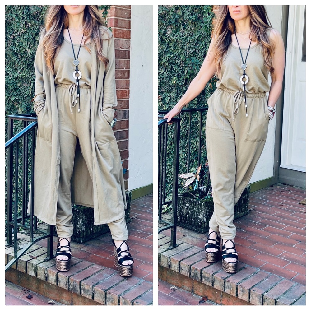 #02 LAST ONE French Terry Sleeveless Jumpsuit and Long Cardigan 2Piece Set - Picture 2 of 8